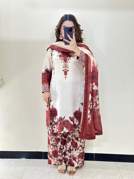 DIGITAL PRINTED SLIK 3PCS (MEHROON PHOOL)