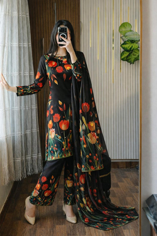 DIGITAL PRINTED SLIK 3PCS (BLACK 3D FLOWERS)