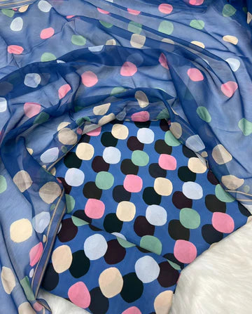 DIGITAL PRINTED SWISS LAWN 3pcs (UNSTICHED) (COBALT BLUE MULTI POLKA)