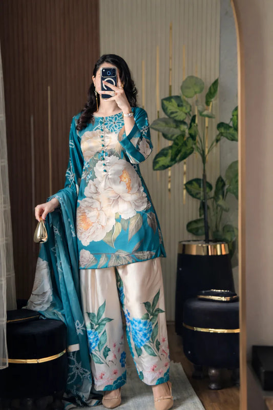 DIGITAL PRINTED SLIK 3PCS (EMERALD BLOOM CO-ORD SET)