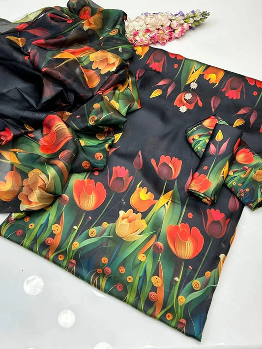 Digital Print Silk 3pcs(BLACK 3DfFLOWERS)