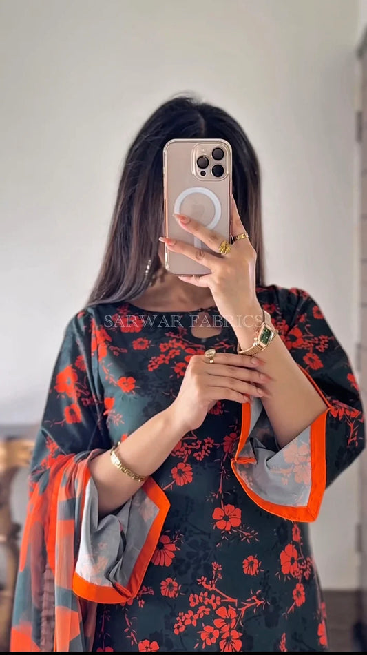 DIGITAL PRINTED SWISS LAWN (GREEN ORANGE)