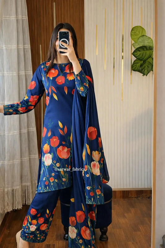 Digital Print Silk 3pcs(NAVY BLUE 3D FLOWERS)