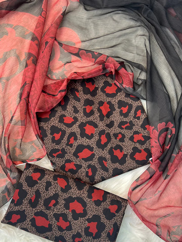 DIGITAL PRINTED SWISS LAWN 3pcs (UNSTICHED) ( RED CHEETAH)
