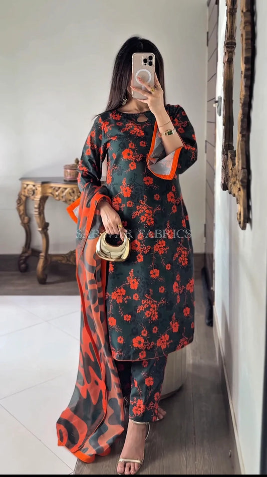 DIGITAL PRINTED SWISS LAWN (GREEN ORANGE)