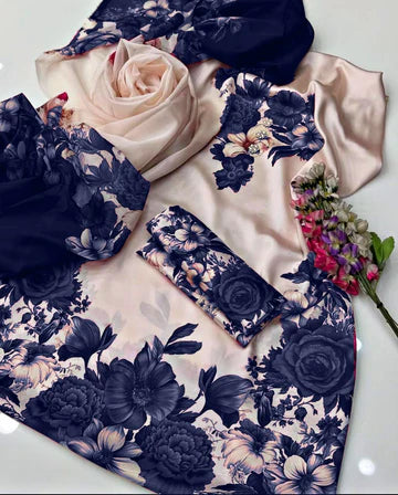 Digital Print Silk 3pcs (NAVY BLUE PHOOL)