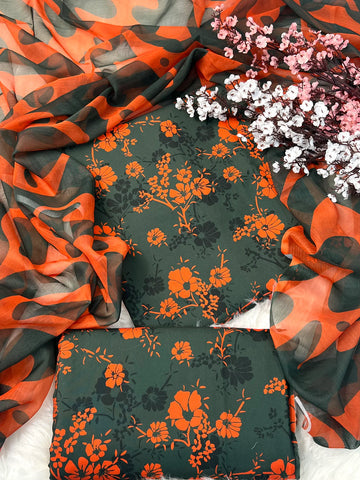 DIGITAL PRINTED SWISS LAWN 3pcs (UNSTICHED) (GREEN ORANGE)