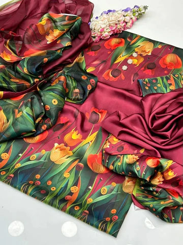 Digital Print Silk 3pcs (MEHROON 3DFLOWERS)