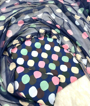 DIGITAL PRINTED SWISS LAWN 3pcs (UNSTICHED) (N.BLUE MULTI POLKA)