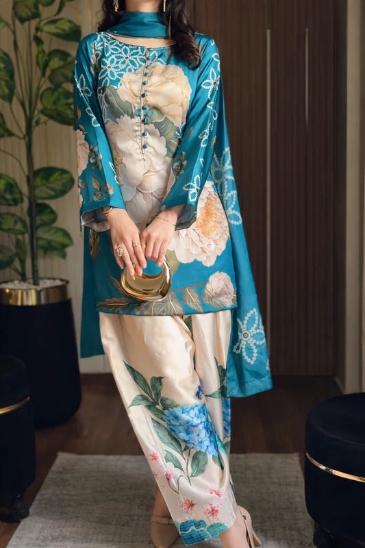 DIGITAL PRINTED SLIK 3PCS (EMERALD BLOOM CO-ORD SET)